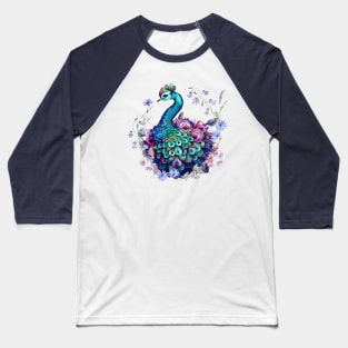 Floral Peacock Watercolor Art Print Baseball T-Shirt